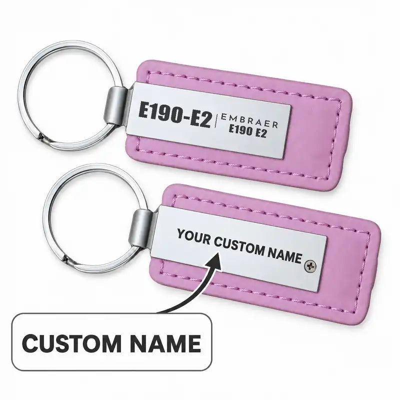 Embraer E190-E2 - Leather Key Chain - Faux Leather - Tag - Pink + Name