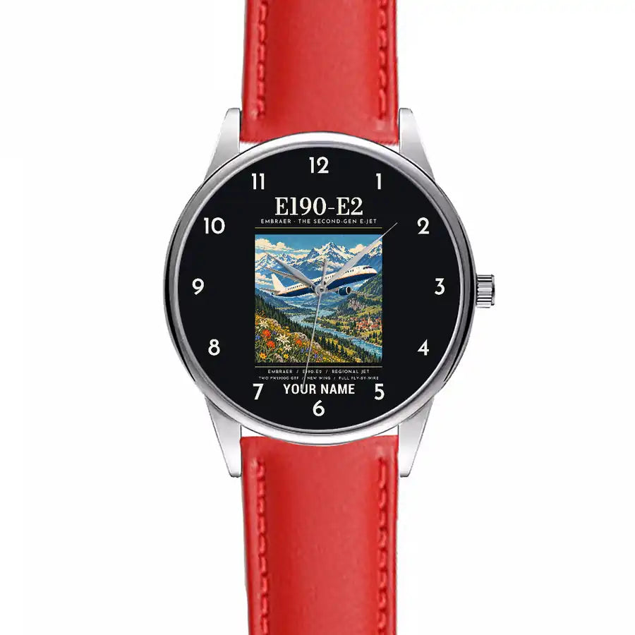 Embraer E190-E2 - Poster + Name - Leather Strap - Red Leather Strap