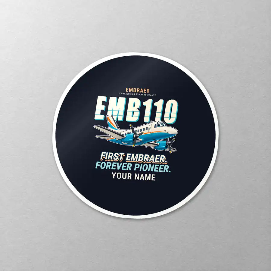 Embraer EMB 110 Bandeirante - Cartoon + Name - Circle Sticker - Close-up