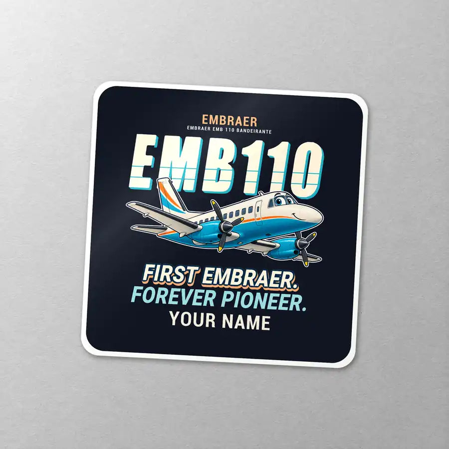 Embraer EMB 110 Bandeirante - Cartoon + Name - Square Sticker - Close-up