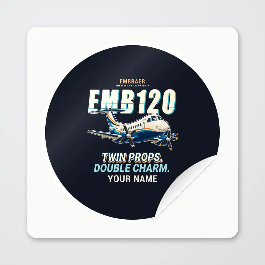 Embraer EMB 120 Brasilia - Cartoon + Name - Circle Sticker - Peel