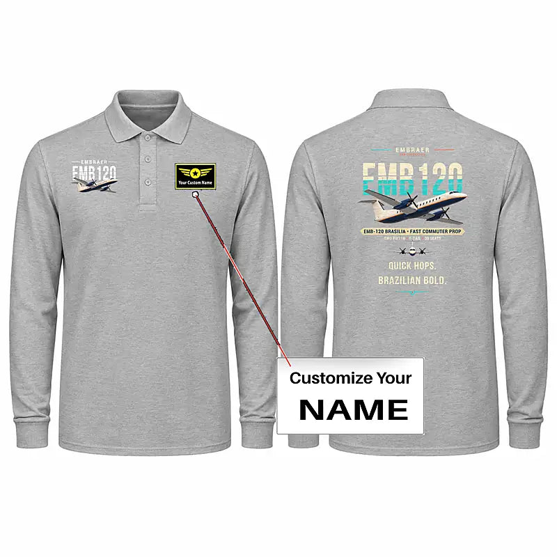 Embraer EMB 120 Brasilia Premium Polo T-Shirts - Original + Name - Long Sleeve - Gray