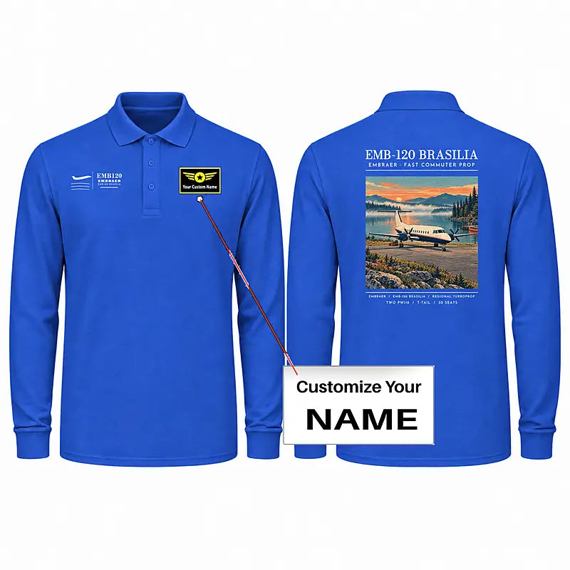 Embraer EMB 120 Brasilia Premium Polo T-Shirts - Poster + Name - Long Sleeve - Blue