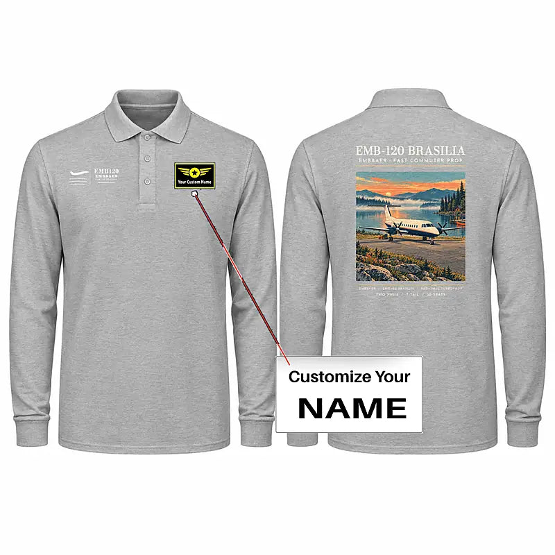 Embraer EMB 120 Brasilia Premium Polo T-Shirts - Poster + Name - Long Sleeve - Gray