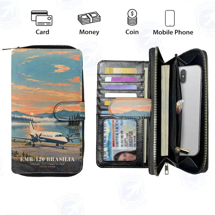 Embraer EMB 120 Brasilia Leather Wallets - Zip Long Wallet - 3D + Name