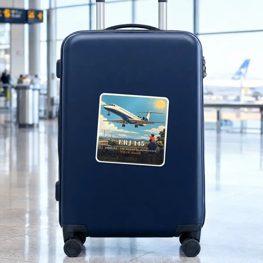Embraer ERJ145 - 3D + Name - Square Sticker - Suitcase
