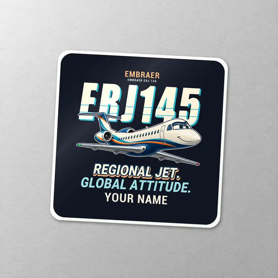 Embraer ERJ145 - Cartoon + Name - Square Sticker - Close-up