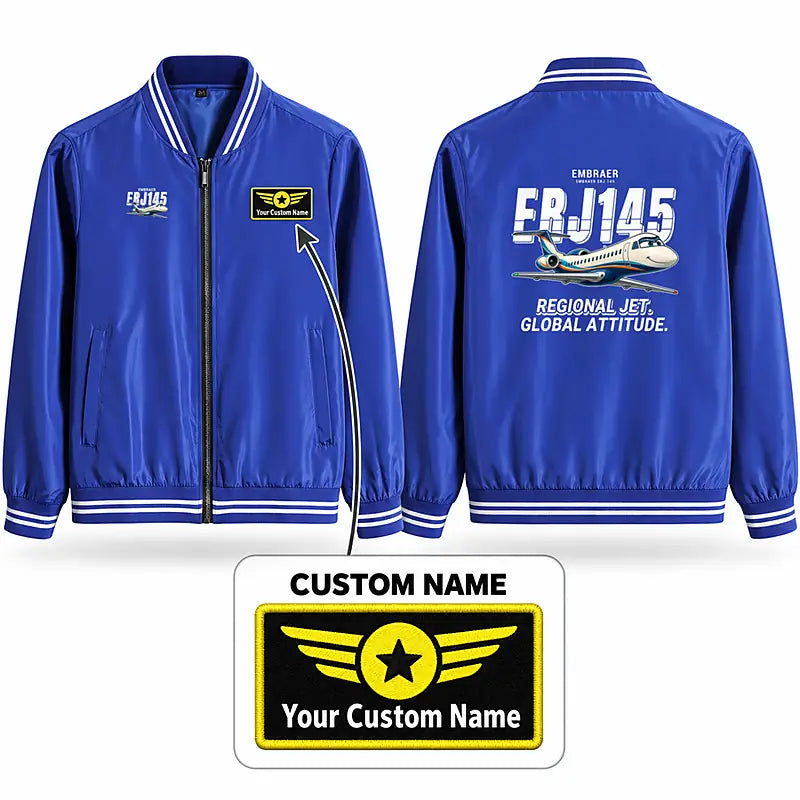 Embraer ERJ145 Stylish Jackets - Baseball Collar - Cartoon + Name - Royal Blue