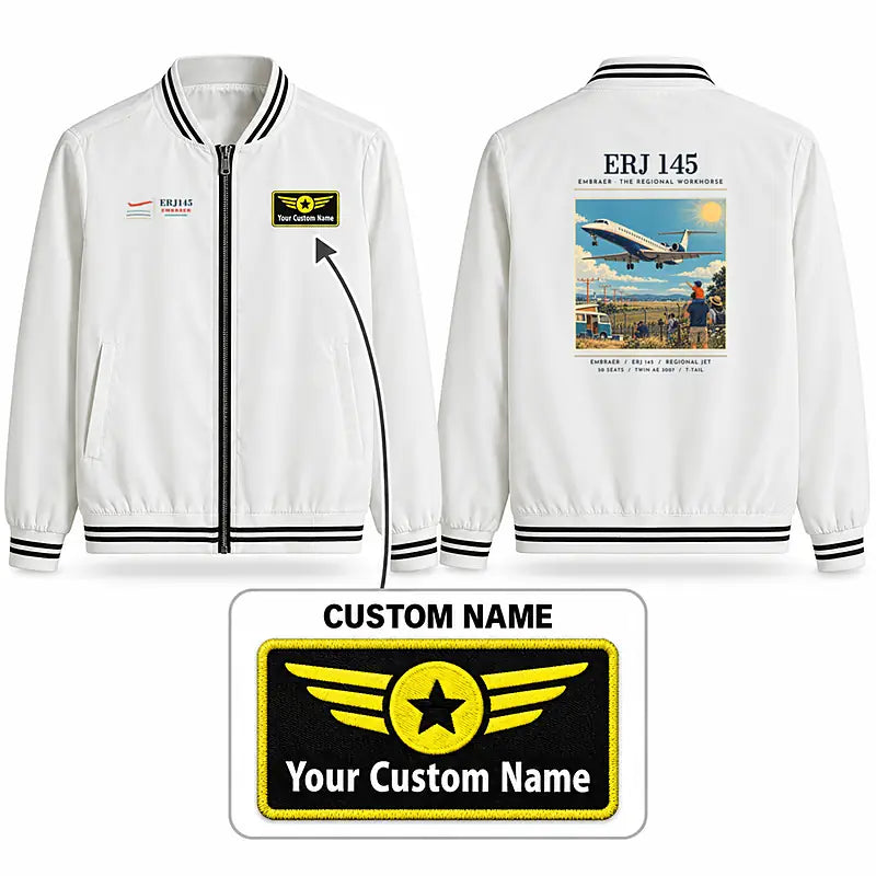 Embraer ERJ145 Stylish Jackets - Baseball Collar - Poster + Name - White