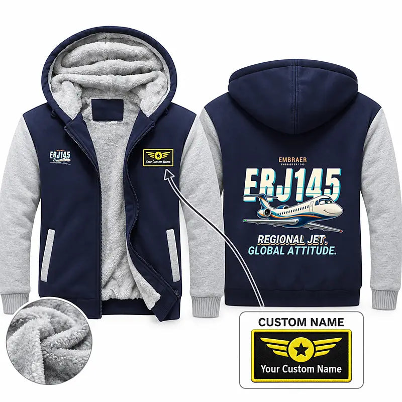 Embraer ERJ145 Zipped Sweatshirts - Cartoon + Name - Navy & Gray