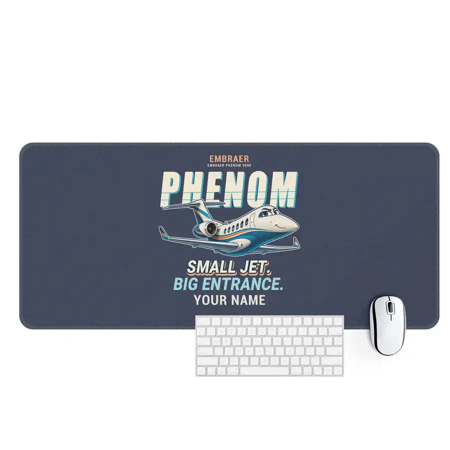 Embraer Phenom 300E - Cartoon + Name - Desk Mat - Navy Blue