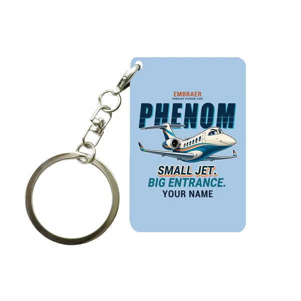 Embraer Phenom 300E - Cartoon + Name - Key Chain - Light Blue