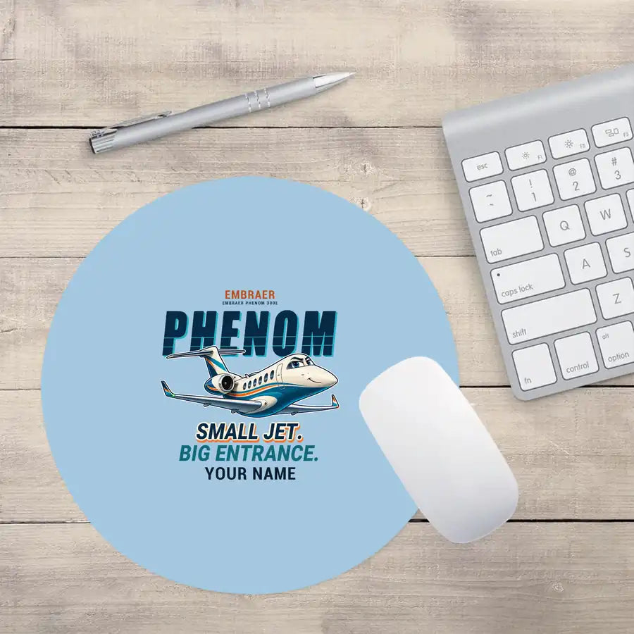 Embraer Phenom 300E - Cartoon + Name - Round Mouse Pad - Light Blue