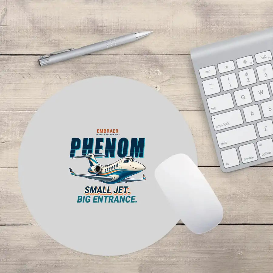 Embraer Phenom 300E - Cartoon - Round Mouse Pad - Light Gray