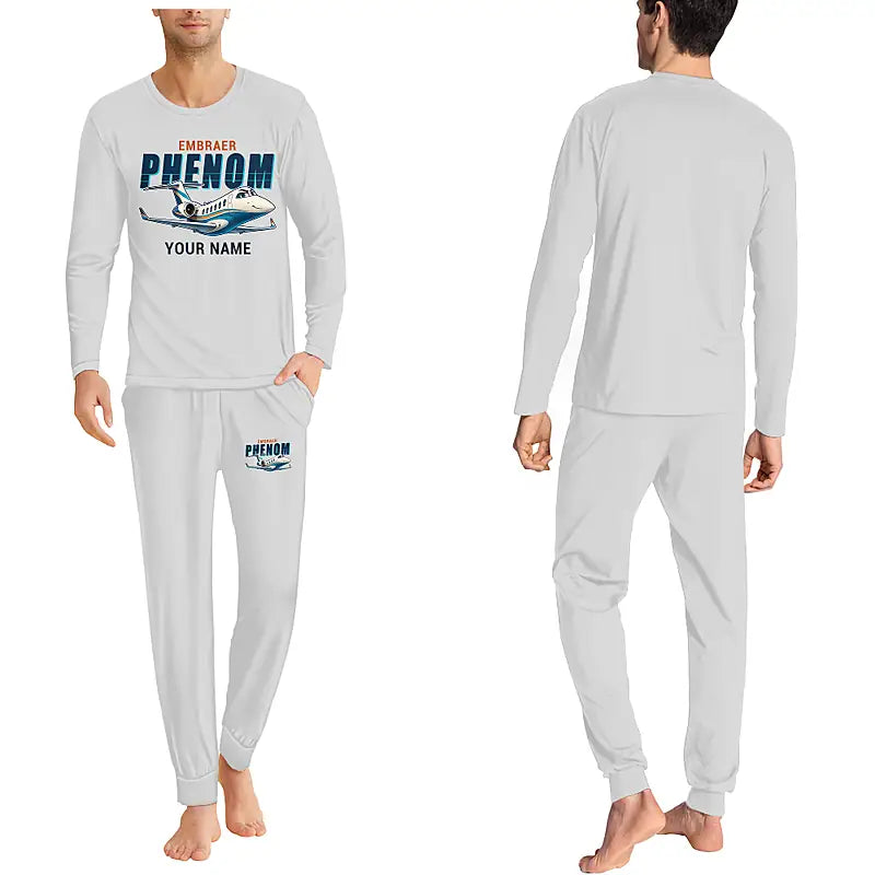 Embraer Phenom 300E - Men Pajamas - Cartoon Chest + Name - Light Gray