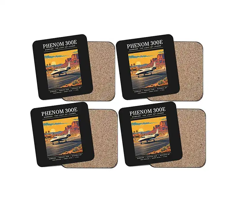 Embraer Phenom 300E - Poster - Coaster Set - Black