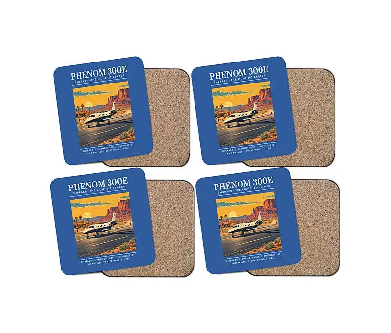 Embraer Phenom 300E - Poster - Coaster Set - Blue
