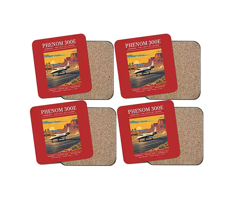Embraer Phenom 300E - Poster - Coaster Set - Red