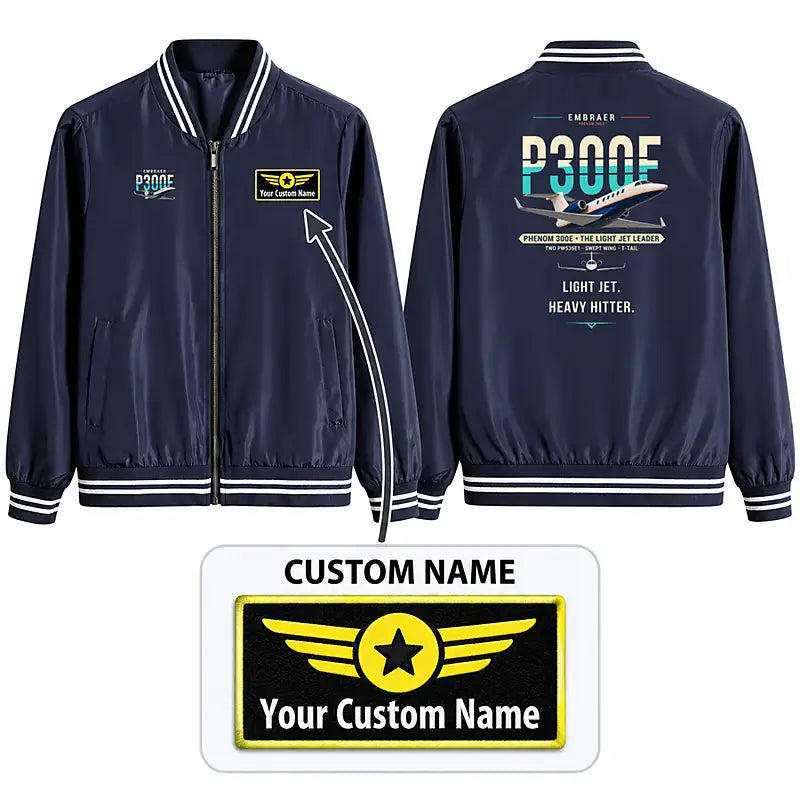 Embraer Phenom 300E Stylish Jackets - Baseball Collar - Original + Name - Navy Blue