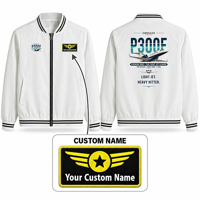 Embraer Phenom 300E Stylish Jackets - Baseball Collar - Original + Name - White