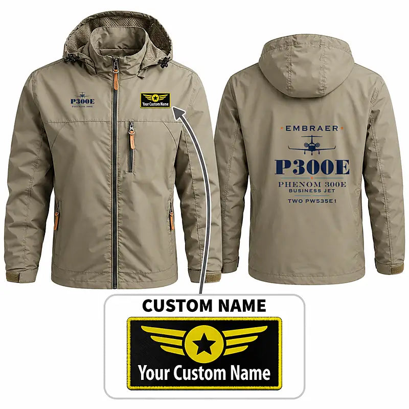 Embraer Phenom 300E Stylish Jackets - Hooded Windbreaker - Heritage + Name - Khaki