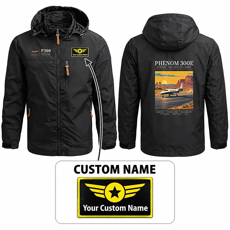 Embraer Phenom 300E Stylish Jackets - Hooded Windbreaker - Poster + Name - Black