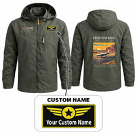 Thumbnail for Embraer Phenom 300E Stylish Jackets - Hooded Windbreaker - Poster + Name - Olive Green