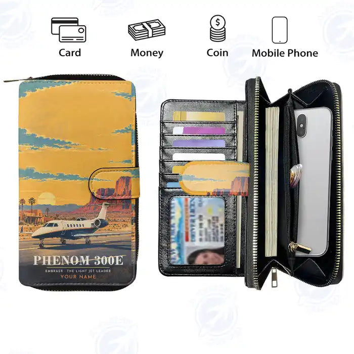 Embraer Phenom 300E Leather Wallets - Zip Long Wallet - 3D + Name