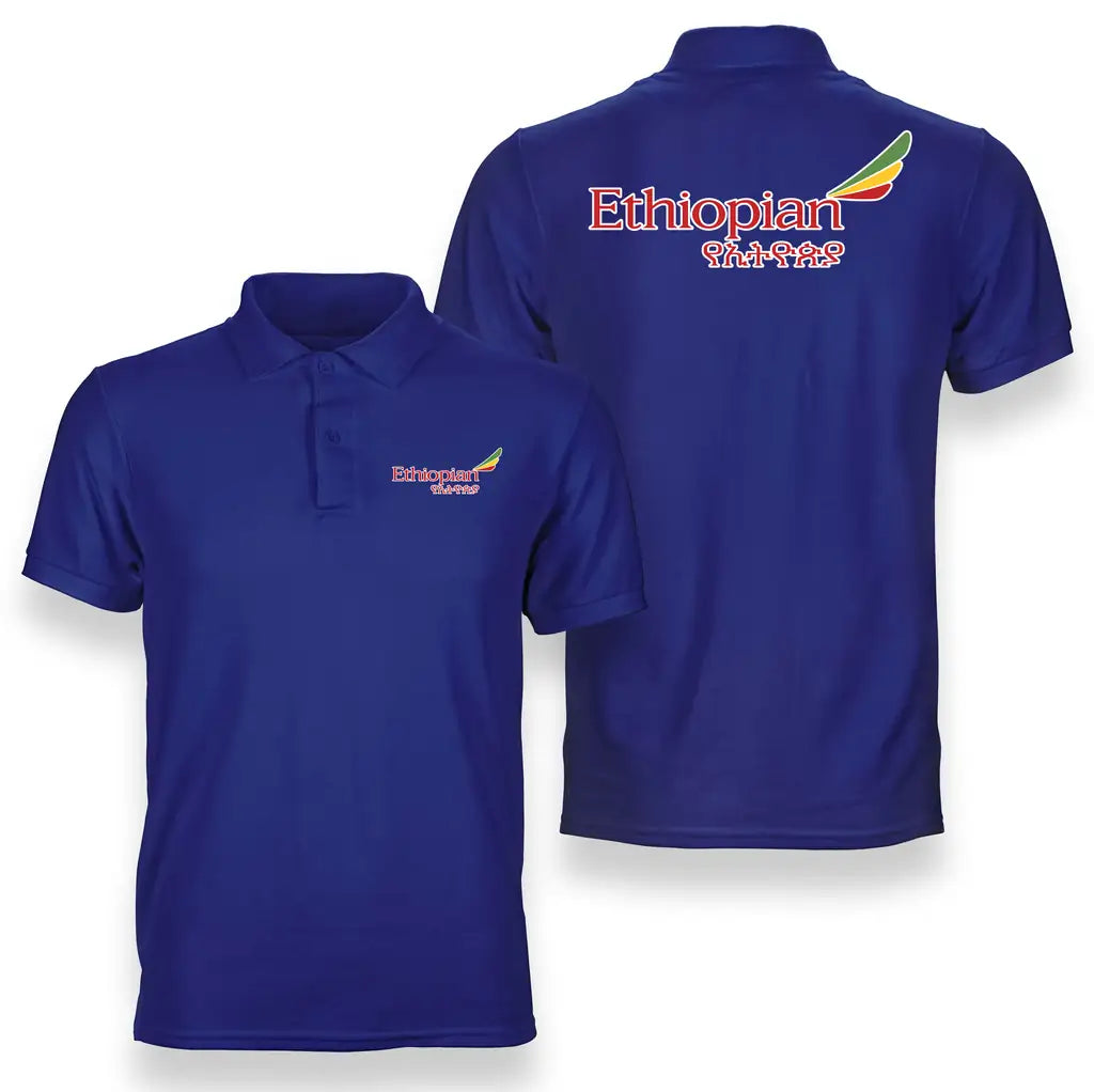 Ethiopian Airlines logo on blue double side polo t shirt