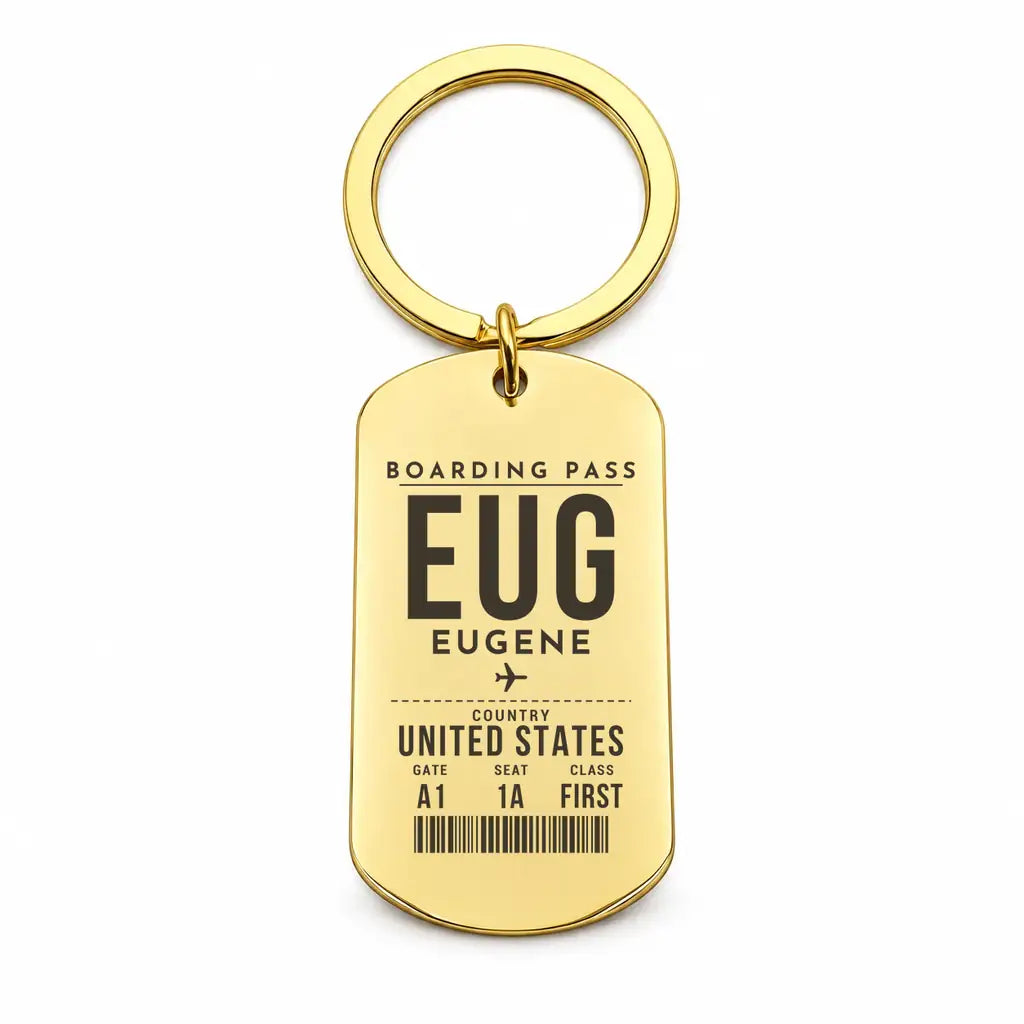 Eugene Airport Mahlon Sweet Field EUG - Key Chain - Boarding Pass Style - Gold