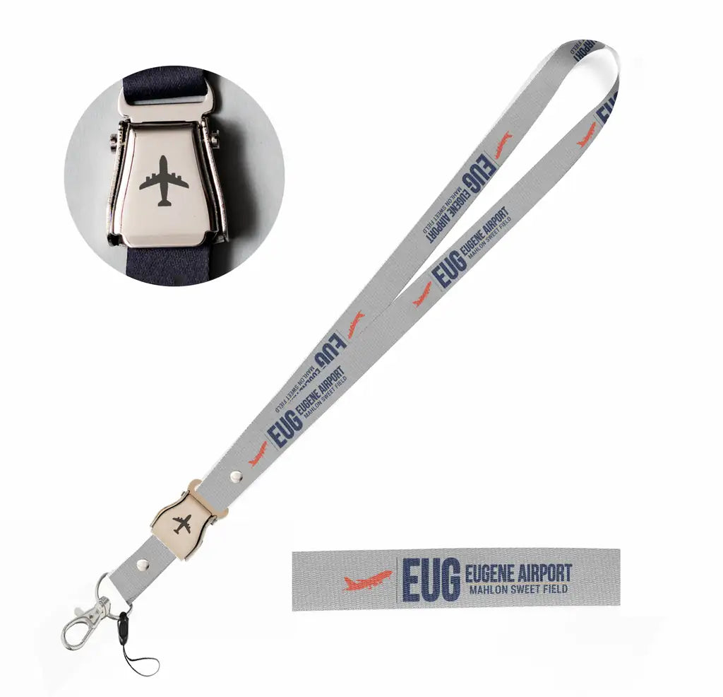 Eugene Airport Mahlon Sweet Field (EUG) seat belt lanyard - light gray