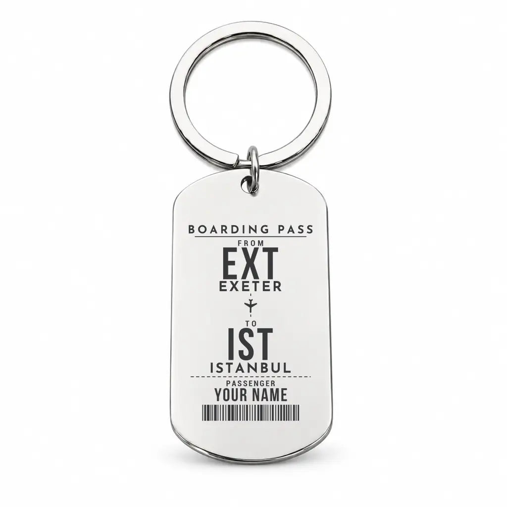 Exeter International Airport EXT - Key Chain - Customizable Boarding Pass - Silver