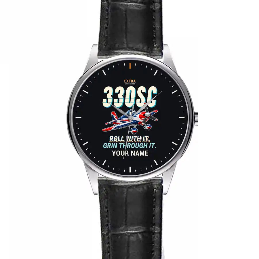 Extra 330SC - Cartoon + Name - Leather Strap - Striped Black Leather Strap