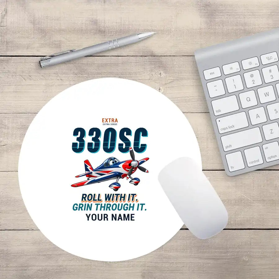 Extra 330SC - Cartoon + Name - Round Mouse Pad - White