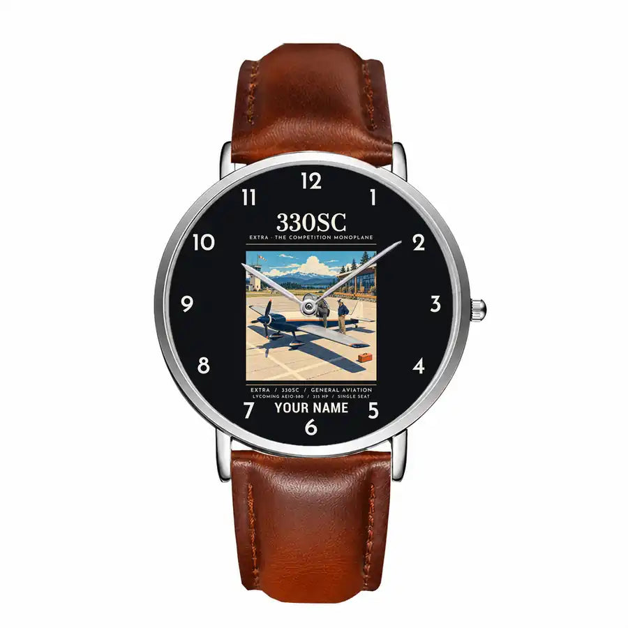 Extra 330SC - Poster + Name - Slim Leather - Silver and Brown Leather Strap
