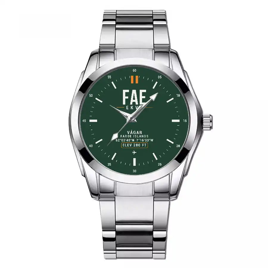Vágar Airport (FAE) Aviator Watches - Classic - Dark Green - Stainless Steel Band - For Men