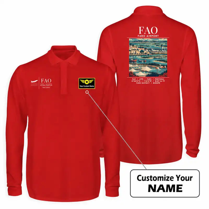 Gago Coutinho Airport Faro (FAO) Premium Polo T-Shirts - Poster + Name - Long Sleeve - Red