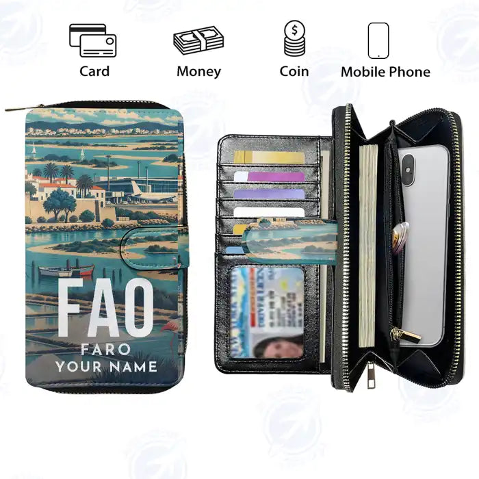 Gago Coutinho Airport Faro (FAO) Leather Wallets - Zip Long Wallet - Scene + Name