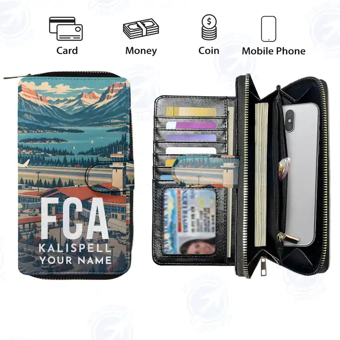 Glacier Park International Airport (FCA) Leather Wallets - Zip Long Wallet - Scene + Name