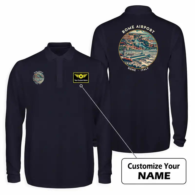 Rome Leonardo da Vinci Fiumicino Airport (FCO) Premium Polo T-Shirts - Badge + Name - Long Sleeve - Dark Blue