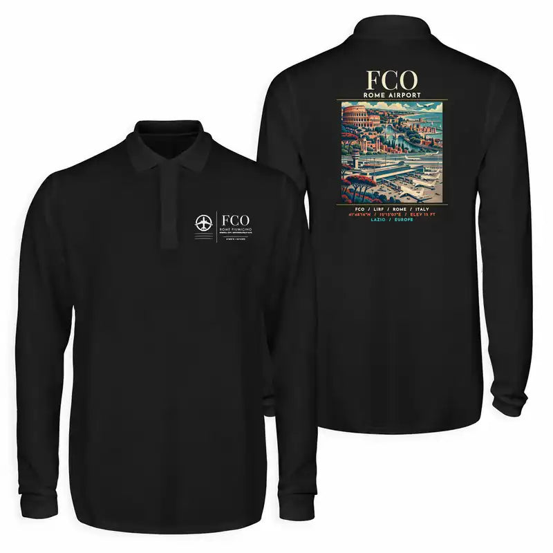 Rome Leonardo da Vinci Fiumicino Airport (FCO) Premium Polo T-Shirts - Poster - Long Sleeve - Black