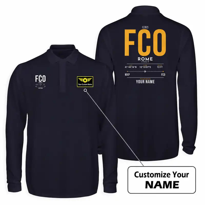 Rome Leonardo da Vinci Fiumicino Airport (FCO) Premium Polo T-Shirts - Tag Custom - Long Sleeve - Dark Blue