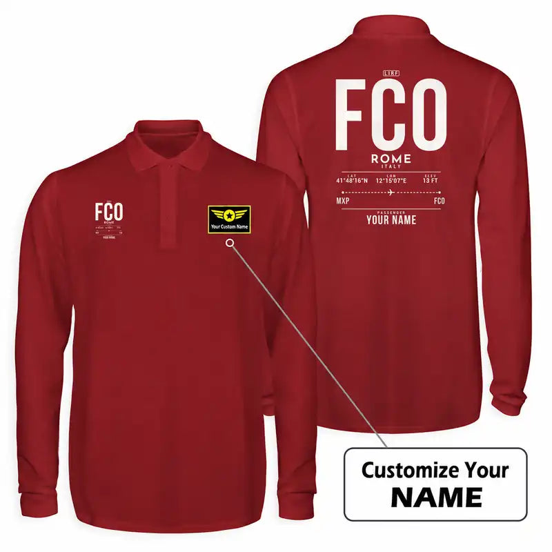Rome Leonardo da Vinci Fiumicino Airport (FCO) Premium Polo T-Shirts - Tag Custom - Long Sleeve - Dark Red