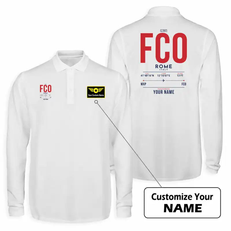 Rome Leonardo da Vinci Fiumicino Airport (FCO) Premium Polo T-Shirts - Tag Custom - Long Sleeve - White