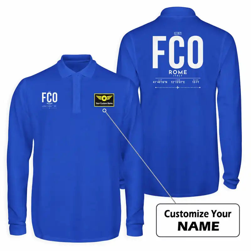 Rome Leonardo da Vinci Fiumicino Airport (FCO) Premium Polo T-Shirts - Tag + Name - Long Sleeve - Blue