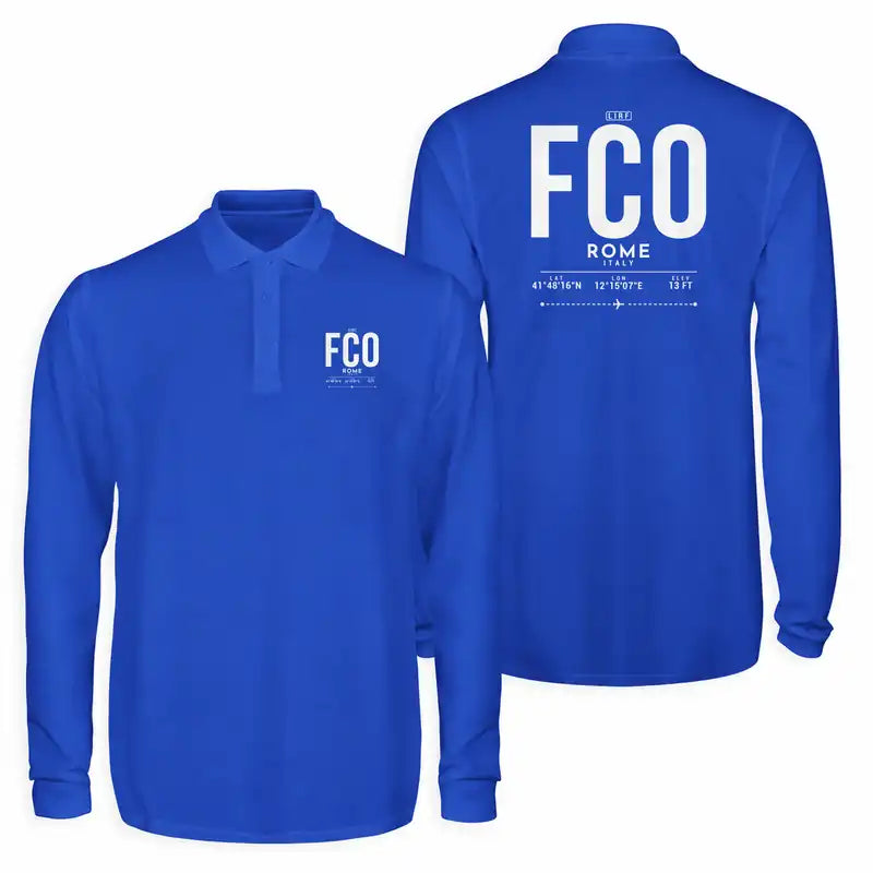 Rome Leonardo da Vinci Fiumicino Airport (FCO) Premium Polo T-Shirts - Tag - Long Sleeve - Blue