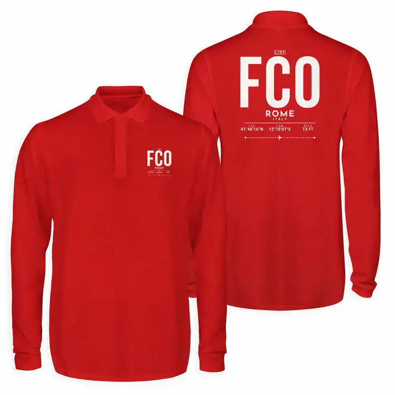 Rome Leonardo da Vinci Fiumicino Airport (FCO) Premium Polo T-Shirts - Tag - Long Sleeve - Red