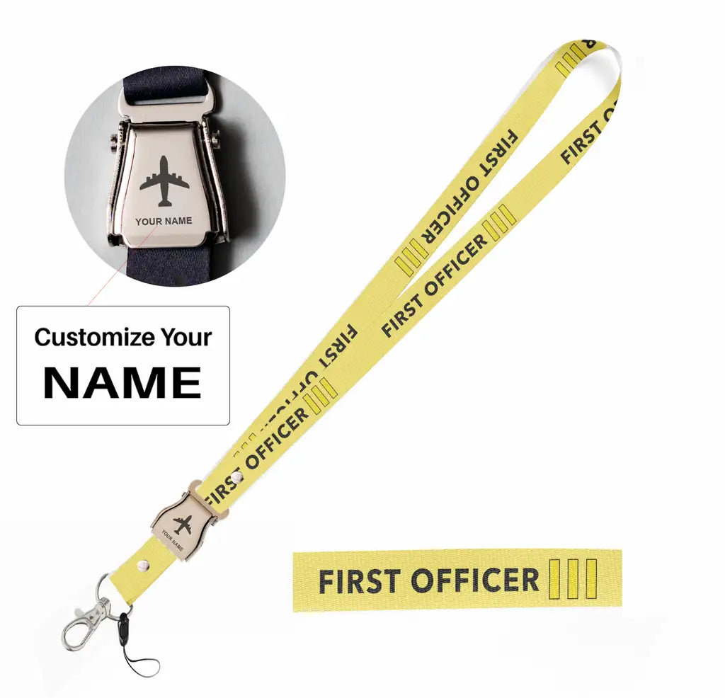 FIRST OFFICER & 3 Lines seat belt lanyard - yellow with name