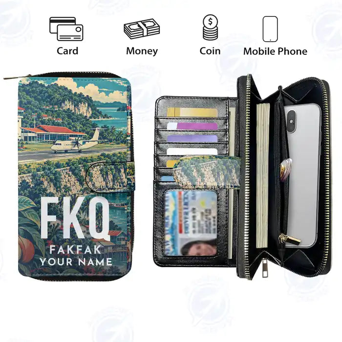 Fakfak Airport (FKQ) Leather Wallets - Zip Long Wallet - Scene + Name