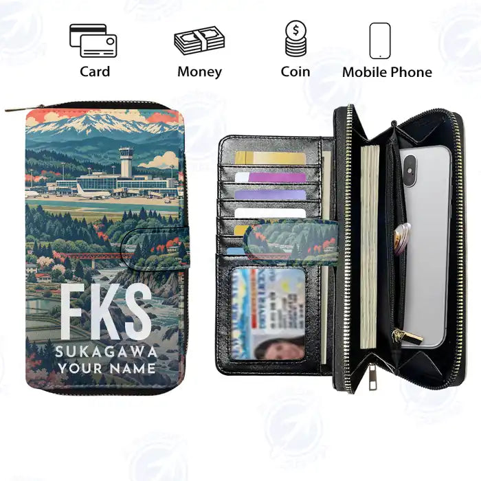 Fukushima Airport (FKS) Leather Wallets - Zip Long Wallet - Scene + Name